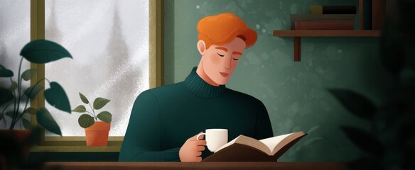 person casually turning pages and enjoying coffee in a cozy cafe corner