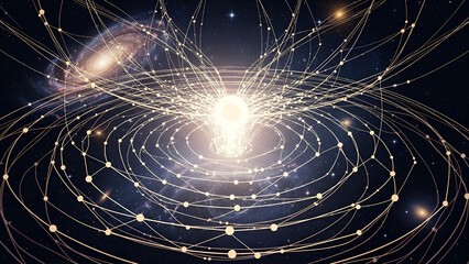 Abstract representation of a network or cosmic connection in space with glowing lines and nodes