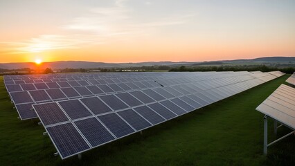 Solar panel array at sunset in a rural setting