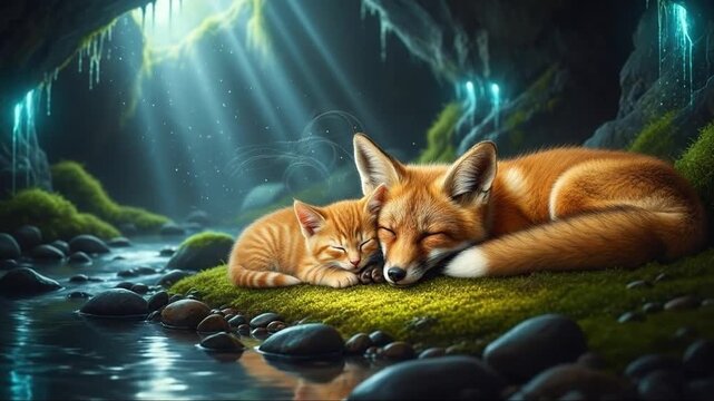 Cute Kitten and Fox Cuddle Together Sleeping by Stream in Enchanted Forest Cave
