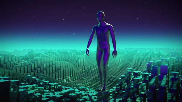 VJ Loop of Humanoid Figure Walking on Digital Voxel Landscape 