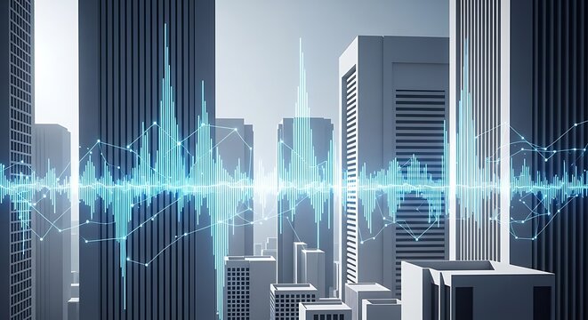 Modern cityscape with futuristic data visualization and skyscrapers - Powered by Adobe