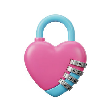 Pink heart-shaped lock with combination dial on white background viewed from the front
