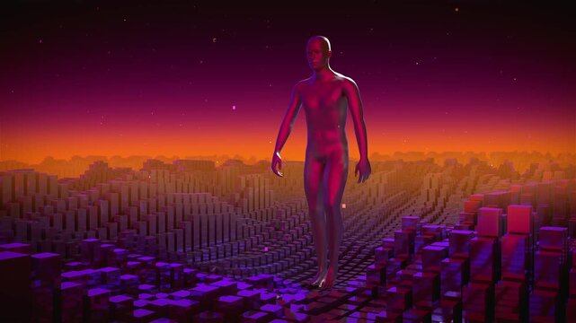 VJ Loop of Humanoid Figure Walking on Digital Voxel Landscape 