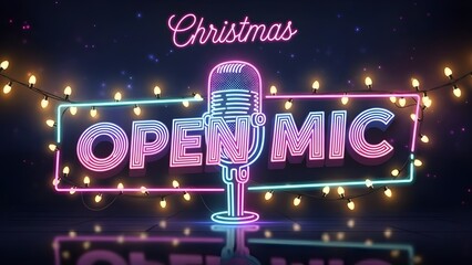 Christmas Open Mic Neon Sign with Retro Microphone, Fairy Lights, and Reflection on Dark Background