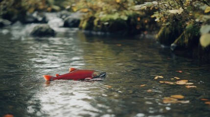 Fototapeta premium Red Salmon in a Mountain Stream, Autumn Colors in the Background. Stock Photo