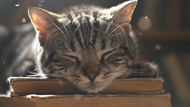 Cute tabby cat sleeping peacefully on stack of old books in warm sunlight, cozy indoor scene.