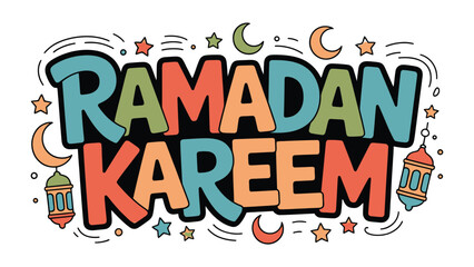 Fototapeta premium Ramadan Kareem Illustration: Colorful illustration celebrating Ramadan, featuring stylized text and traditional Islamic motifs.