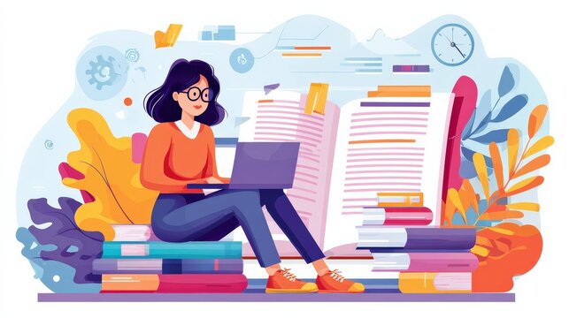 A woman studies on a laptop surrounded by books and colorful illustrations, suggesting an engaging and productive learning environment.