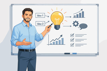 Modern vector illustration of man presenting idea near whiteboard in business setting.
