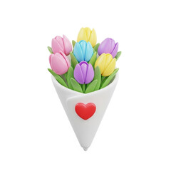 Colorful tulips bouquet with heart decoration in a white cone