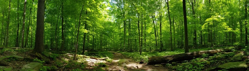Obraz premium A lush green forest with tall trees, vibrant foliage, and a serene atmosphere, inviting exploration and appreciation of nature.