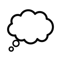 a simple black and white illustration depicts a classic thought bubble icon showcasing the concept of ideas and communication