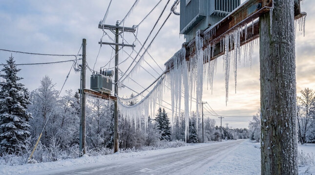 Power lines with icicles and snow-covered landscape under cloudy sky. Concept of winter season, cold weather, and natural beauty. Useful for articles on winter activities or weather-related topics.