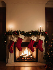 Cozy Christmas Fireplace: Stockings, Garland, and Candles for a Festive Family Gathering