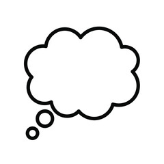a simple black and white illustration depicts a classic thought bubble design with a tail representing ideas or communication