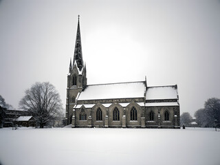 Gothic Church Architecture in Snowy Winter Landscape with Scenic Tower and Serene Sky