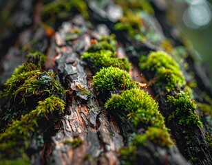 Moss covered tree trunk close up