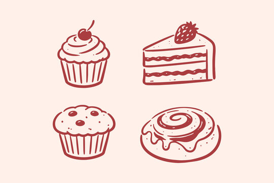 Dessert cakes and cupcakes doodle set vector illustration