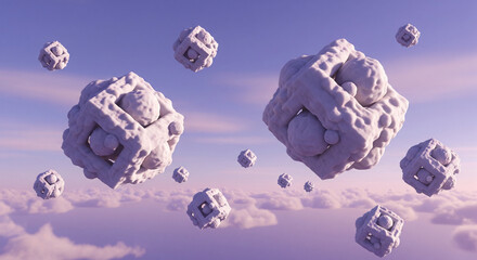 Dreamy geometric sculptures float serenely above soft clouds, inspiring imagination and creativity with their otherworldly aesthetic, ideal for modern designs