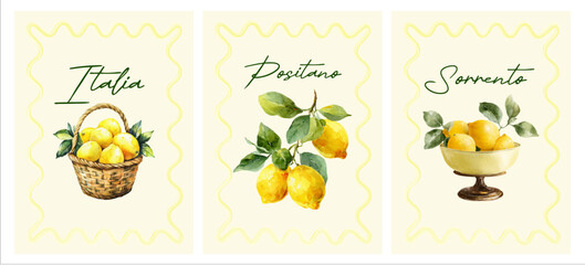Italian summer poster set with watercolor lemons, citrus baskets, and Mediterranean vases. Vintage Amalfi coast illustrations perfect for postcards and prints. © Narin