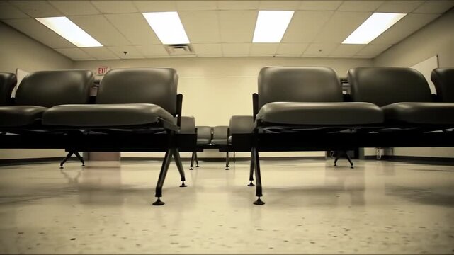 Waiting room seating in an empty hospital hallway, focusing on health and medical waiting for treatment and service.