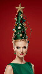 Photorealistic portrait of a blonde woman in a bright green dress, evening makeup, and a high cone hairstyle styled as a Christmas tree with ornaments, garlands, glowing star on top, soft frontal ligh