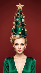 Photorealistic portrait of a blonde woman in a bright green dress, evening makeup, and a high cone hairstyle styled as a Christmas tree with ornaments, garlands, glowing star on top, soft frontal ligh