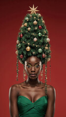 Photorealistic portrait of a black woman in a bright green dress, evening makeup, and a high cone hairstyle styled as a Christmas tree with ornaments, garlands, glowing star on top, soft frontal ligh