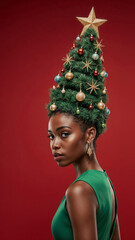 Photorealistic portrait of a black woman in a bright green dress, evening makeup, and a high cone hairstyle styled as a Christmas tree with ornaments, garlands, glowing star on top, soft frontal ligh
