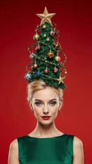 Photorealistic portrait of a blonde woman in a bright green dress, evening makeup, and a high cone hairstyle styled as a Christmas tree with ornaments, garlands, glowing star on top, soft frontal ligh