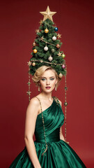 Photorealistic portrait of a blonde woman in a bright green dress, evening makeup, and a high cone hairstyle styled as a Christmas tree with ornaments, garlands, glowing star on top, soft frontal ligh