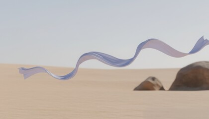 Long light purple silk ribbon flowing gracefully in air across empty desert landscape with sand dunes and clear blue sky