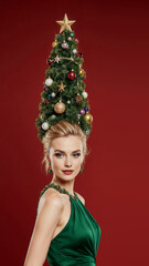 Photorealistic portrait of a blonde woman in a bright green dress, evening makeup, and a high cone hairstyle styled as a Christmas tree with ornaments, garlands, glowing star on top, soft frontal ligh