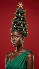 Photorealistic portrait of a black woman in a bright green dress, evening makeup, and a high cone hairstyle styled as a Christmas tree with ornaments, garlands, glowing star on top, soft frontal ligh