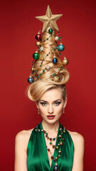 Photorealistic portrait of a blonde woman in a bright green dress, evening makeup, and a high cone hairstyle styled as a Christmas tree with ornaments, garlands, glowing star on top, soft frontal ligh