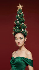 Photorealistic portrait of a asian woman in a bright green dress, evening makeup, and a high cone hairstyle styled as a Christmas tree with ornaments, garlands, glowing star on top, soft frontal ligh