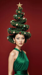 Photorealistic portrait of a asian woman in a bright green dress, evening makeup, and a high cone hairstyle styled as a Christmas tree with ornaments, garlands, glowing star on top, soft frontal ligh