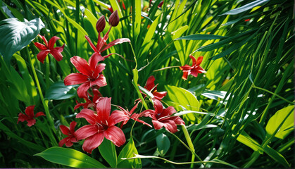 Obraz premium Vibrant close-up of exotic red flowers in lush green foliage with dappled sunlight and high detail