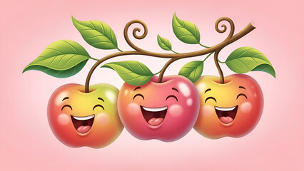 Three happy apples with smiling faces on a branch