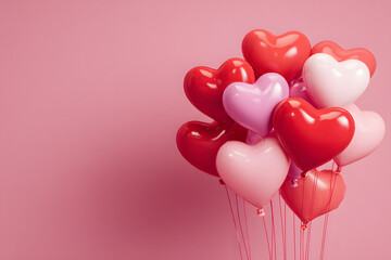 Valentine's day background with red and pink hearts like balloons on pink background, flat lay