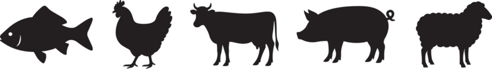 Farm animals and fish silhouettes set in black EPS vector style, clean isolated icons.
