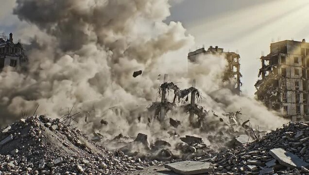 Collapsed Building Demolition Creates Dust Cloud in Urban Landscape