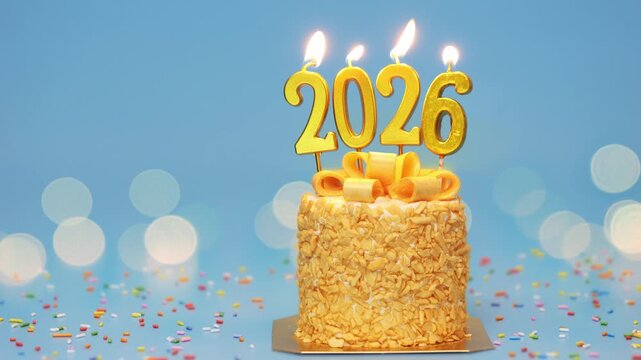 Happy New Year 2026, seamless loop of cute cake with golden ribbon with candle number 2026 for new year celebrate party was lit. blue background with light bokeh, horizontal