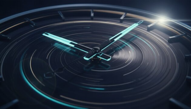 Close up view of futuristic clock face with glowing blue hands and circular metallic texture representing concept of time - Powered by Adobe