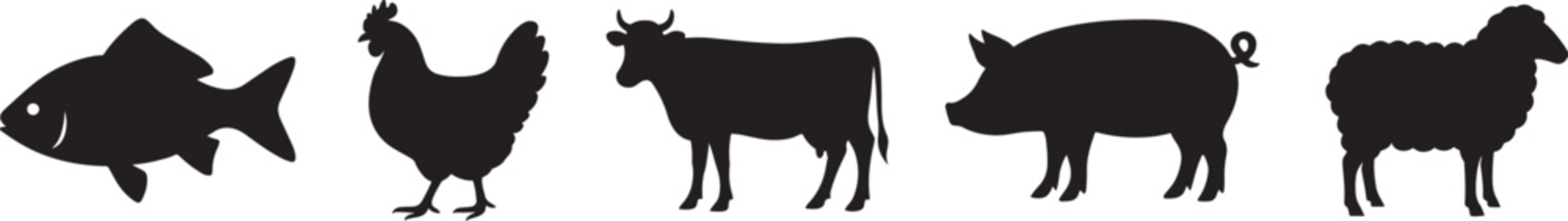 Farm animals and fish silhouettes set in black EPS vector style, clean isolated icons.
