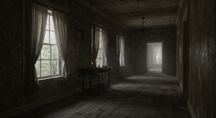 Whispers of History: An eerie atmosphere pervades an old, neglected corridor, with natural light subtly illuminating dusty wooden floorboards and aged wallpaper, evoking a sense of forgotten grandeur.