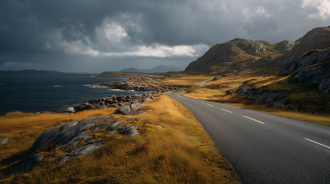 Coastal Road Winding Beside Mountains Under Storm Clouds.