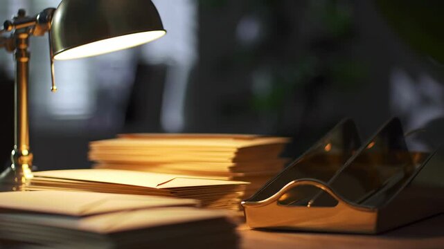 Stack of letters under golden desk lamp near mail tray on wooden desk. Correspondence and communication concept.