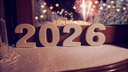 Happy new year 2026 wooden digits on window sill with snowy landscape and fireworks outside